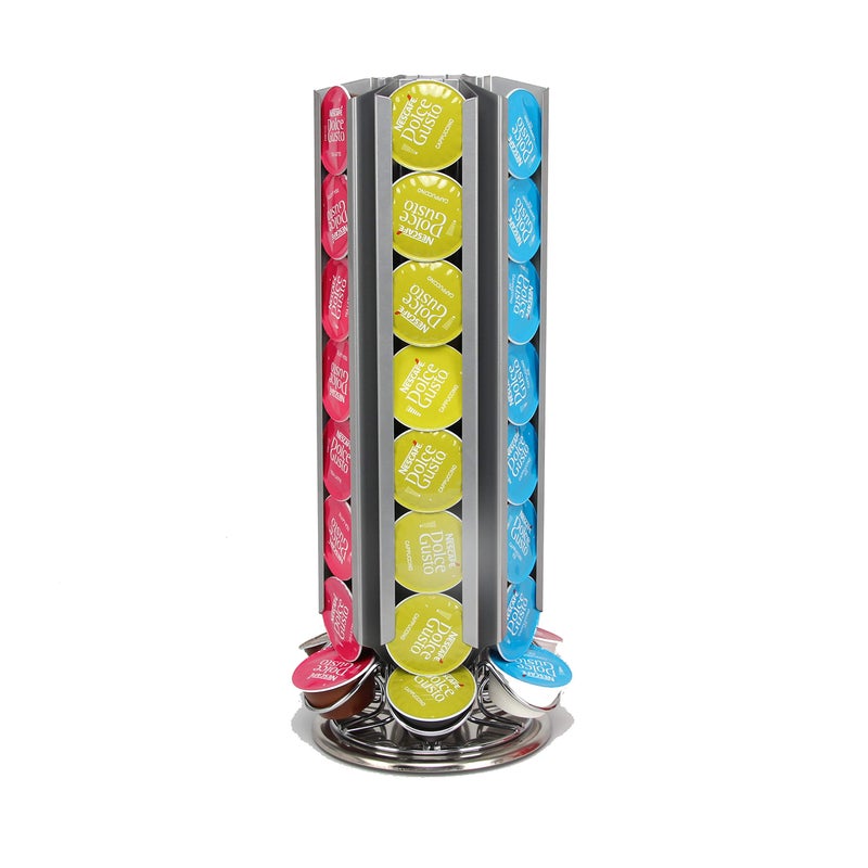 FlagShip Coffee Pod Capsule Holder for Dolce Gusto, Metal Carousel Capsules Pods Organizer Rack, 48 Pods Silver - Image 1
